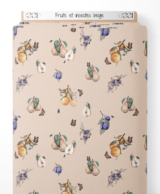 Tissu - Fruits et insectes beige