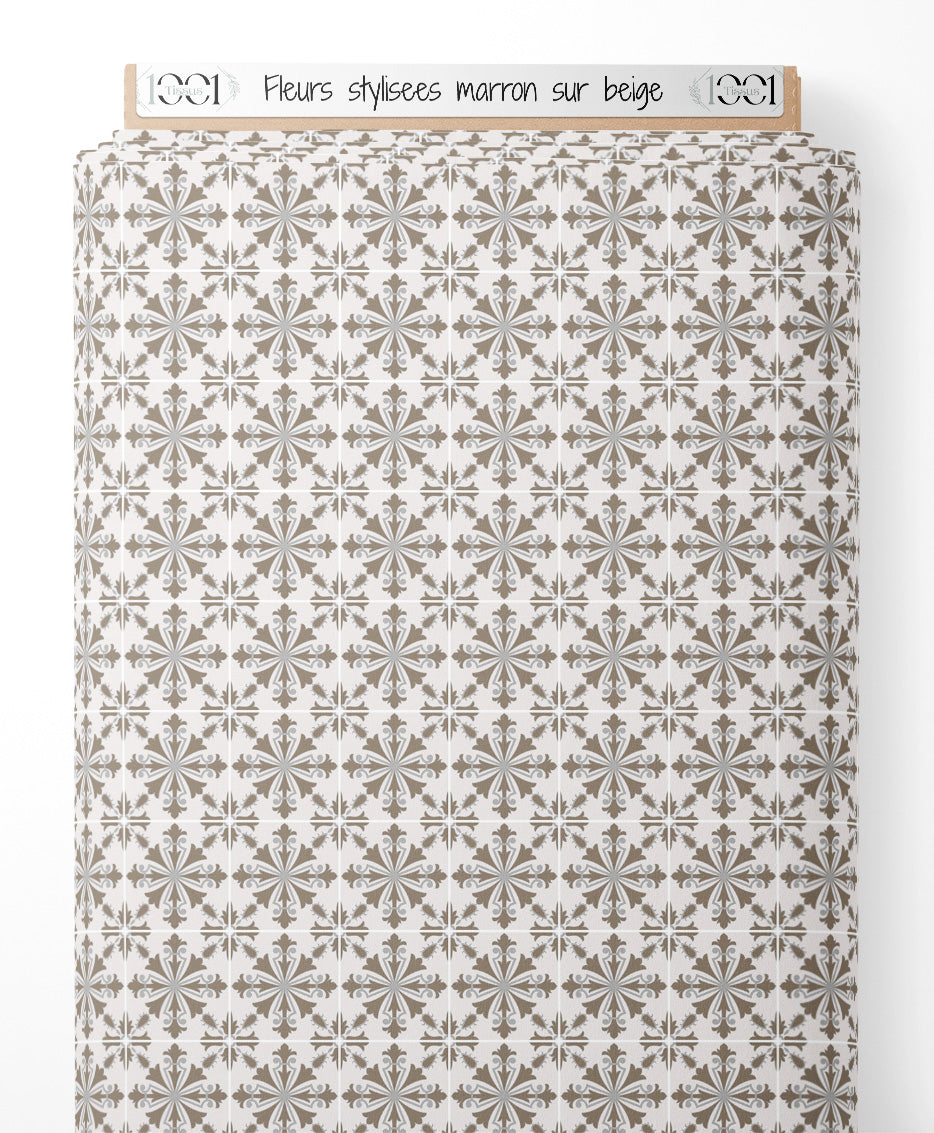 Tissu - Fleurs stylisées marron sur beige