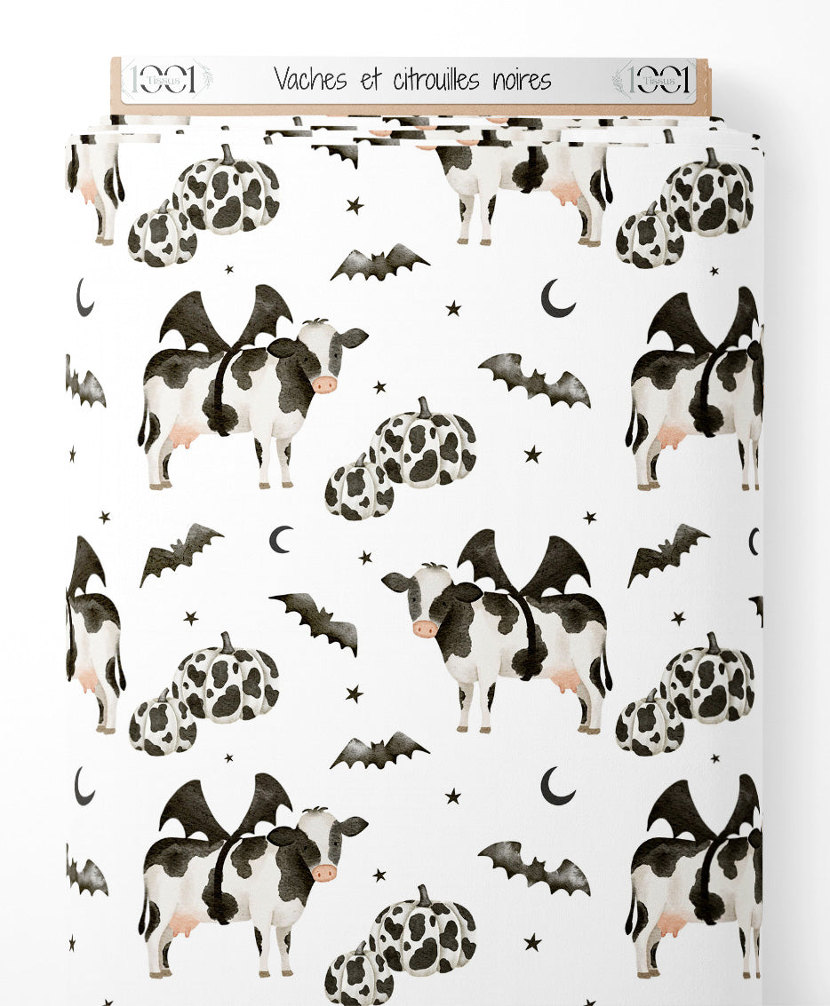 Tissu - Vaches et citrouilles noires
