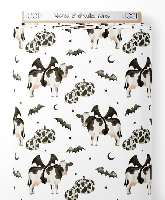 Tissu - Vaches et citrouilles noires