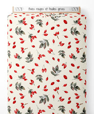Tissu - Baies rouges et feuilles grises