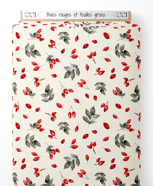 Tissu - Baies rouges et feuilles grises