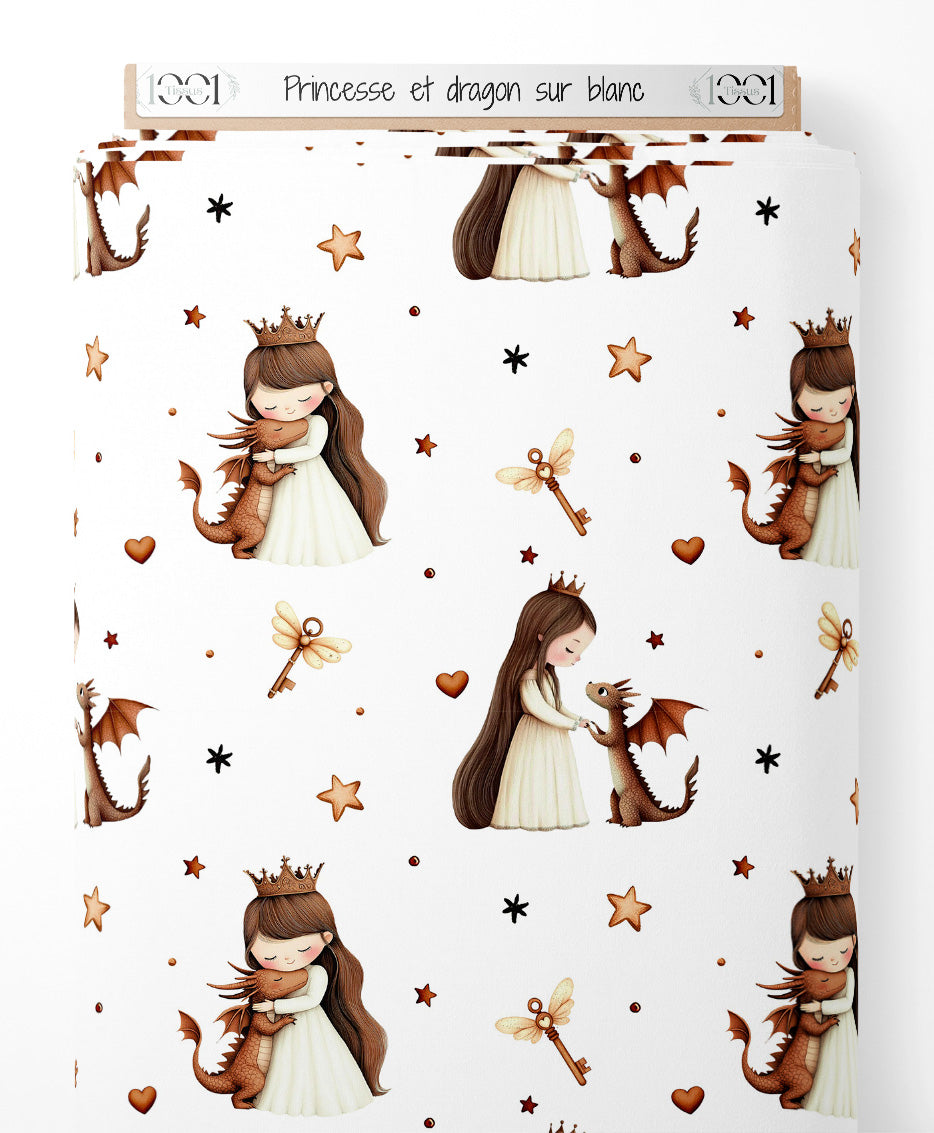 Tissu - Princesse et dragon sur blanc