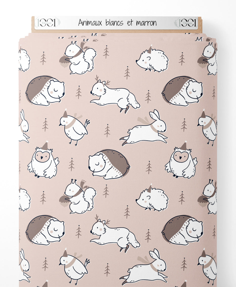 Tissu - Animaux blancs et marron