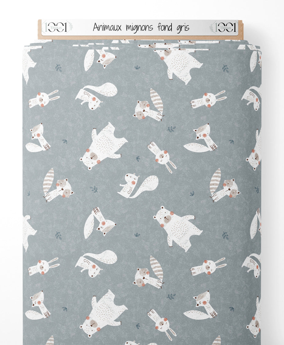 Tissu - Animaux mignons sur fond gris