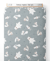Tissu - Animaux mignons sur fond gris