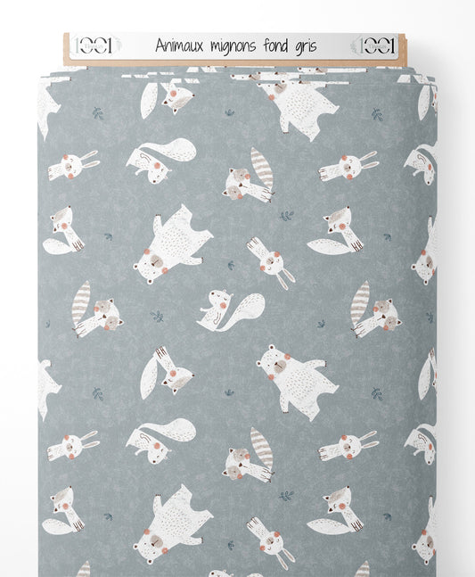 Tissu - Animaux mignons sur fond gris