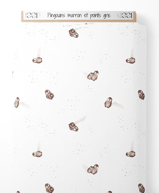 Tissu - Pingouins marron et points gris