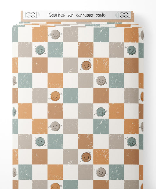 Tissu - Sourires sur carreaux pastel