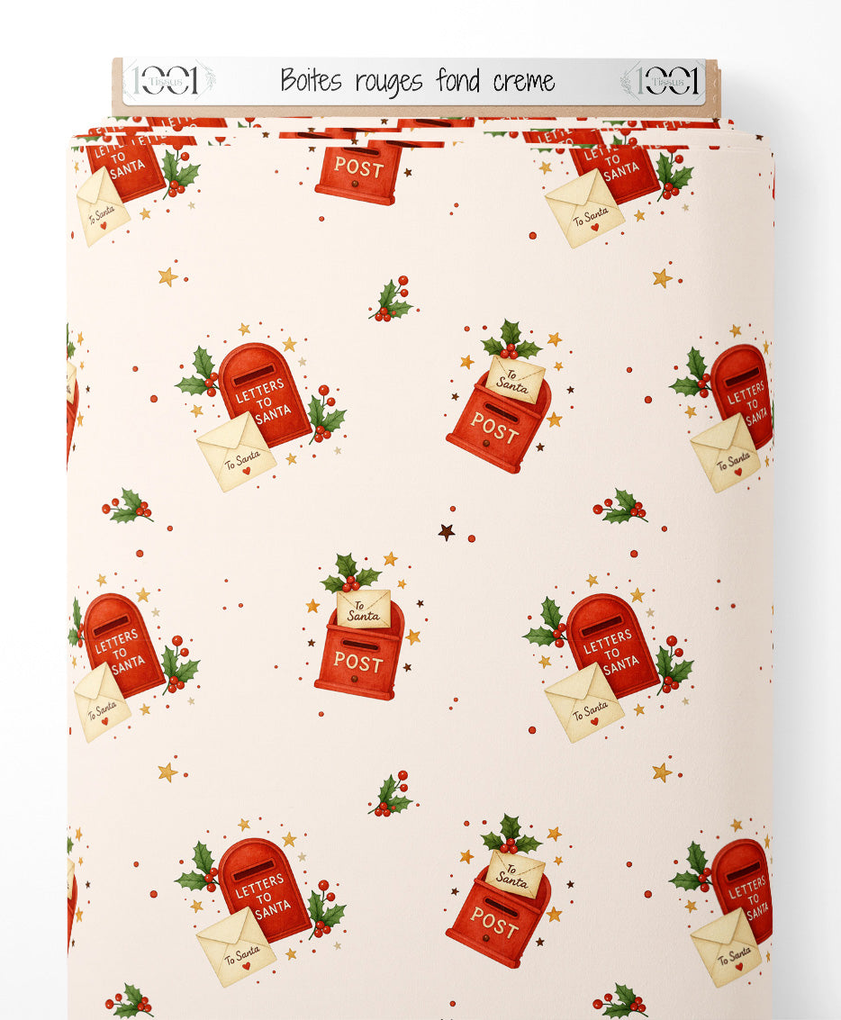 Tissu - Boîtes rouges sur fond crème