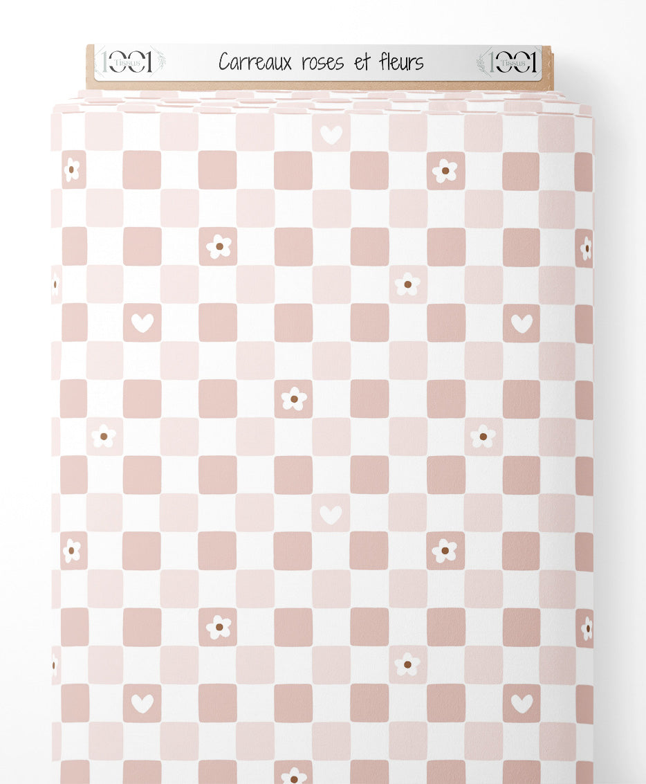 Tissu - Carreaux roses et fleurs