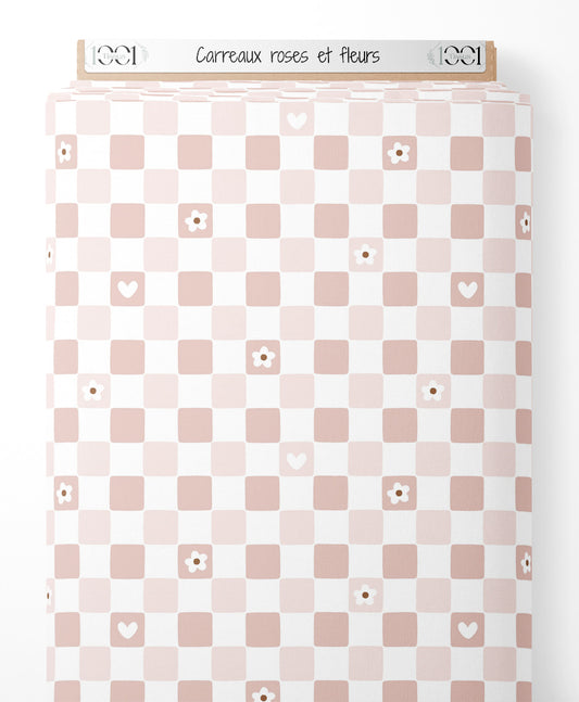 Tissu - Carreaux roses et fleurs