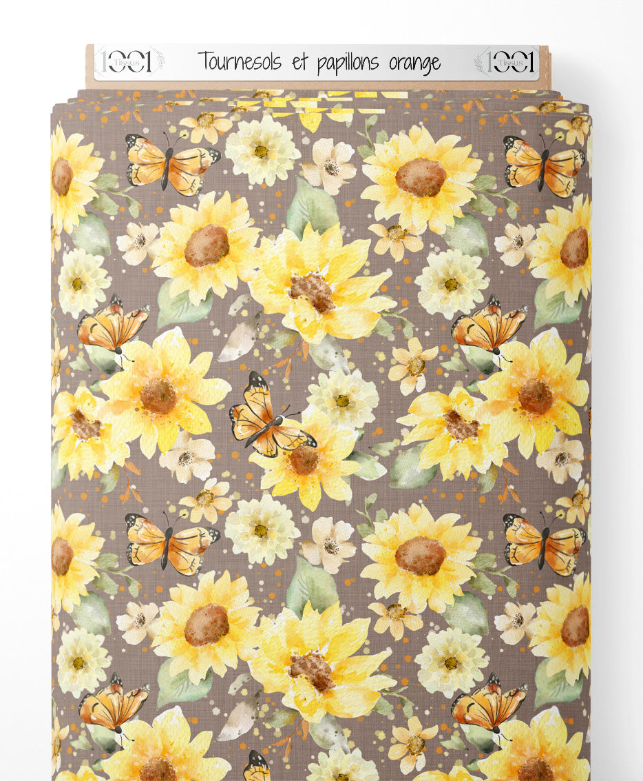 Tissu - Tournesols et papillons orange