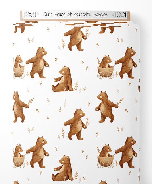 Tissu - Ours bruns et poussette blanche