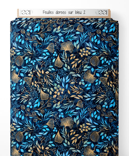 Tissu - Feuilles dorées sur bleu 2