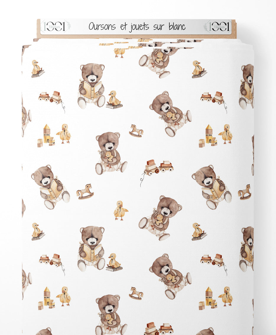 Tissu - Oursons et jouets sur blanc