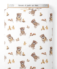 Tissu - Oursons et jouets sur blanc