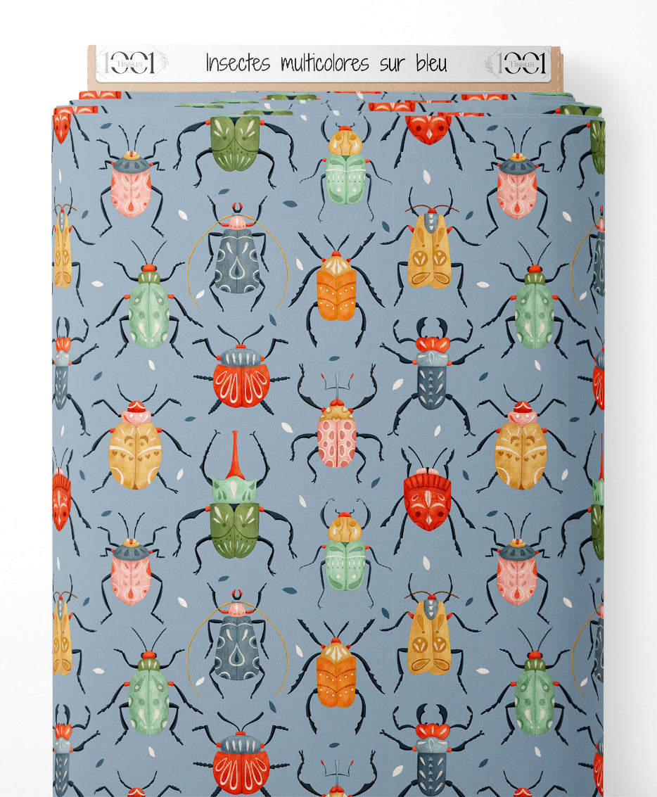 Tissu - Insectes multicolores sur bleu