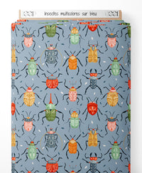 Tissu - Insectes multicolores sur bleu