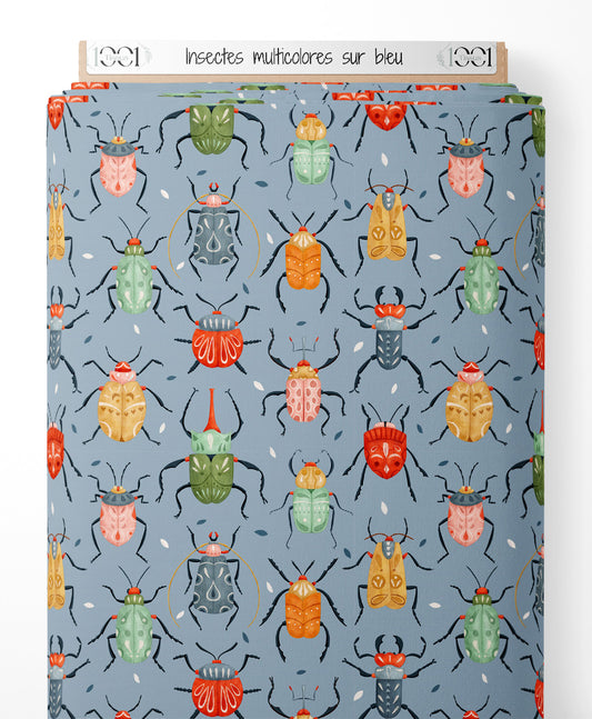 Tissu - Insectes multicolores sur bleu