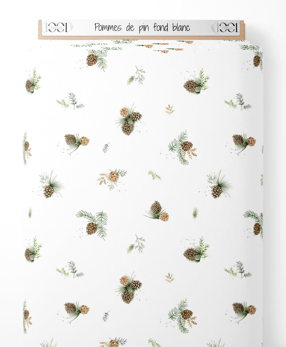 Tissu - Pommes de pin sur fond blanc
