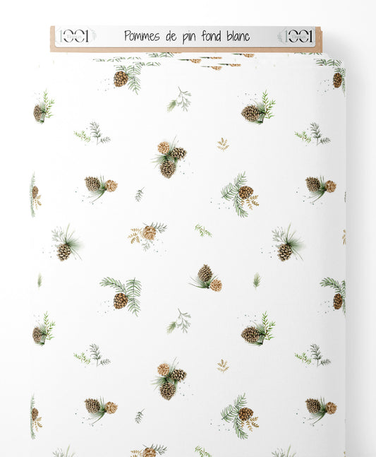 Tissu - Pommes de pin sur fond blanc