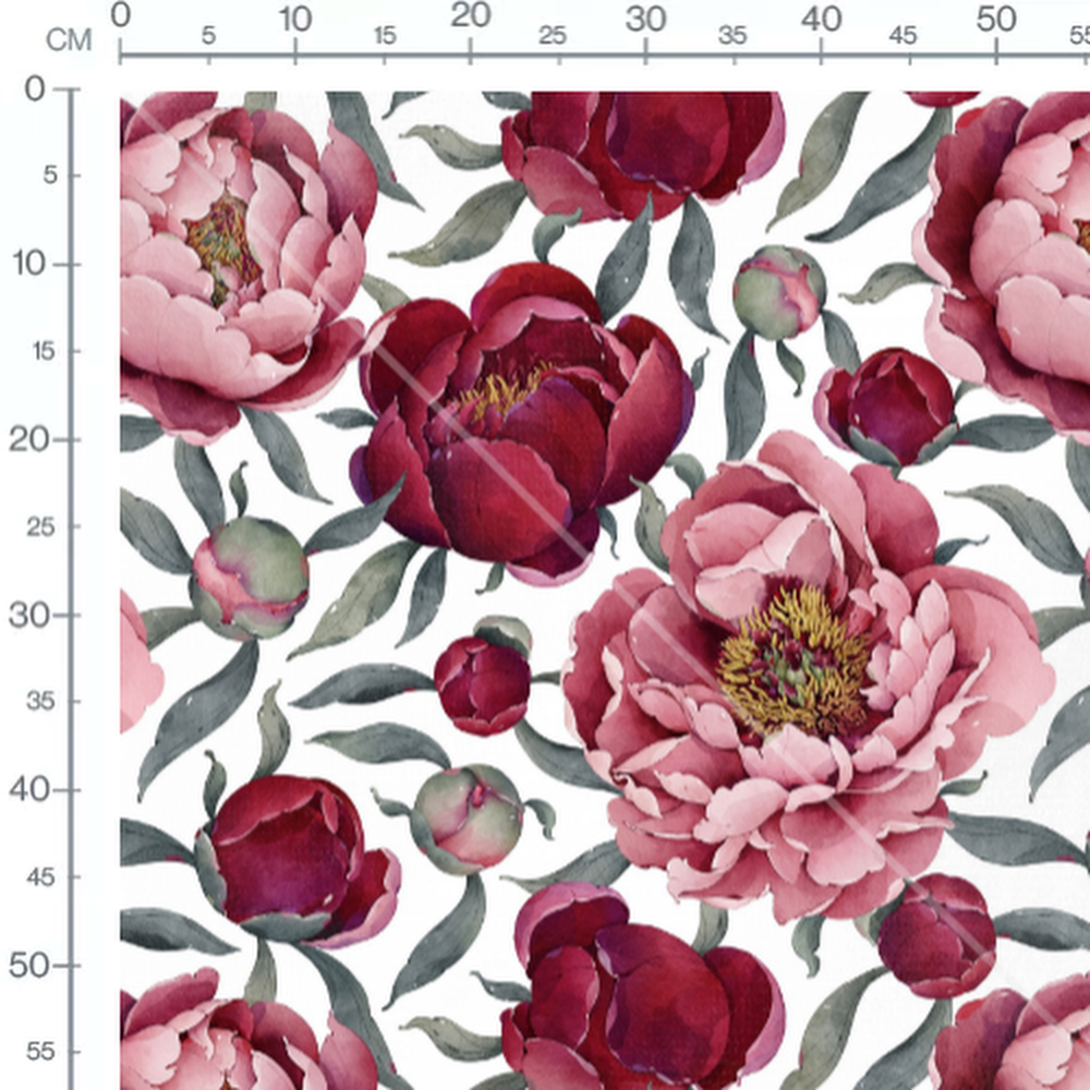 Tissu - Pivoines sur fond blanc