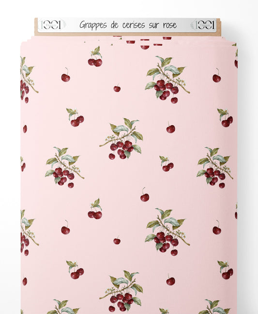Tissu - Grappes de cerises sur rose