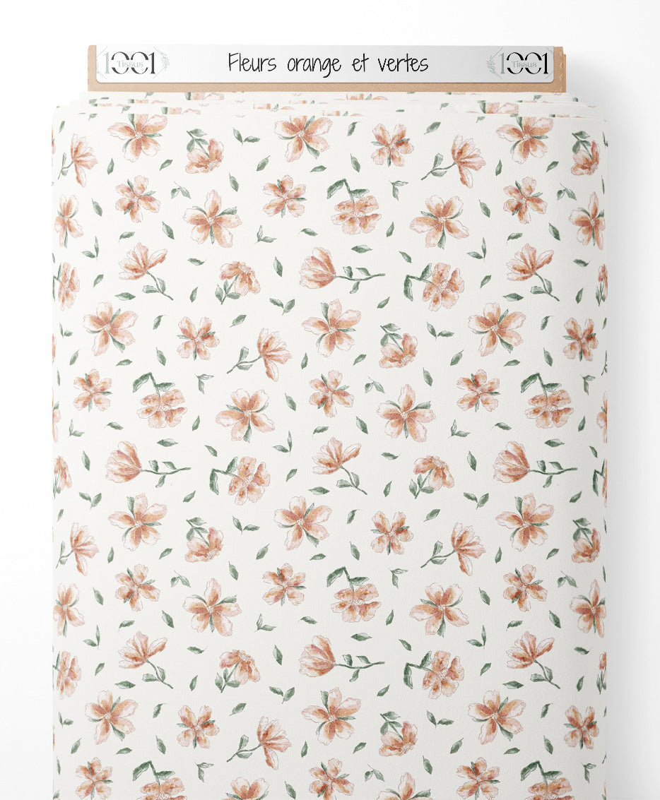 Tissu - Fleurs orange et vertes