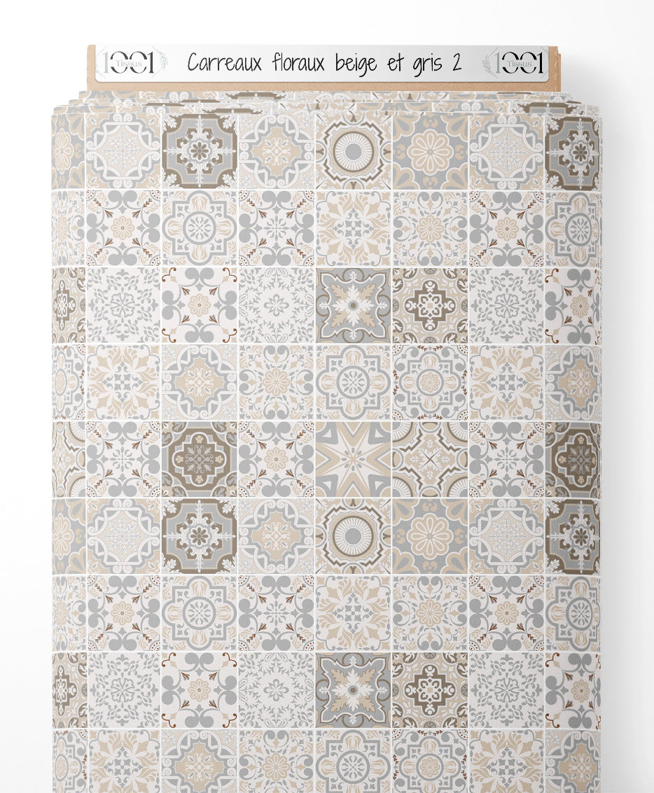 Tissu - Carreaux floraux beige et gris 2