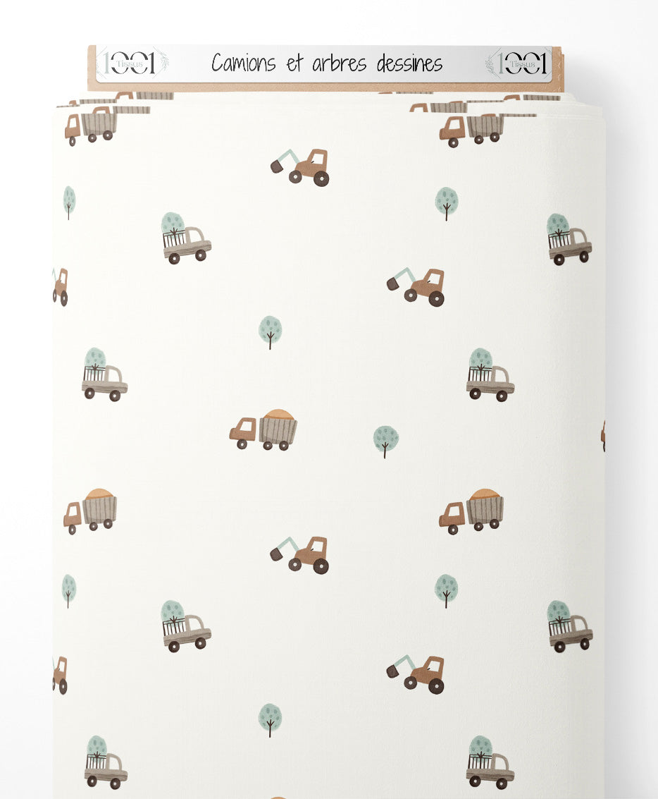 Tissu - Camions et arbres dessinés