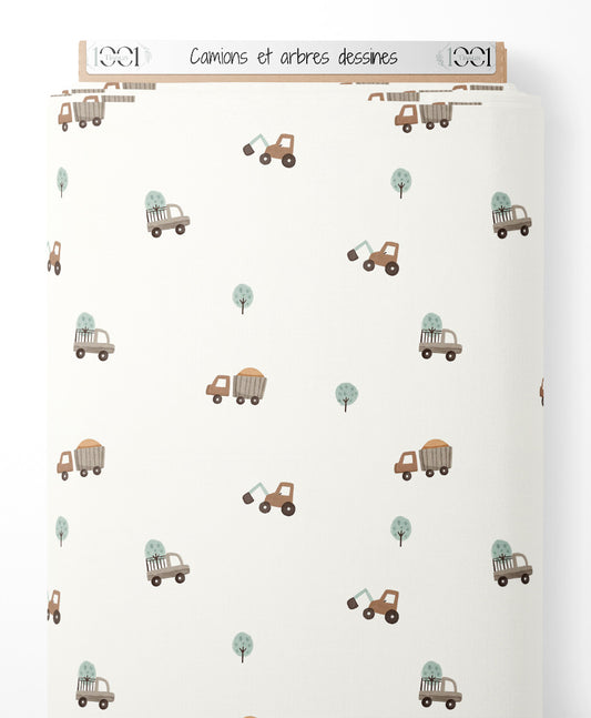 Tissu - Camions et arbres dessinés