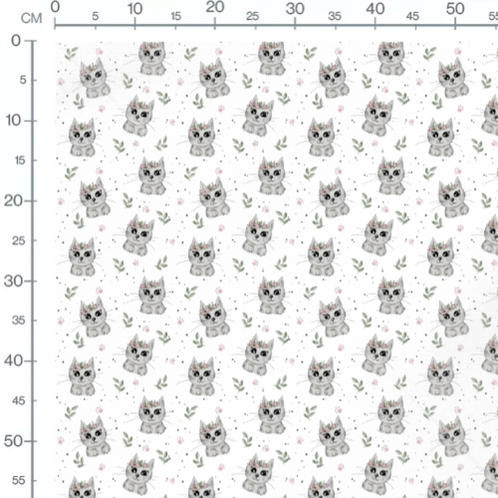 Tissu - Chats fleuris sur fond blanc