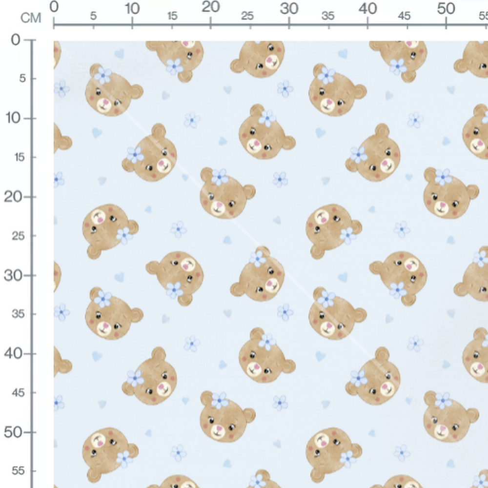 Tissu - Oursons fleurs fond bleu
