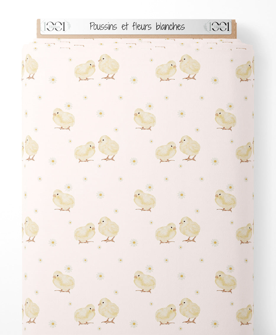 Tissu - Poussins et fleurs blanches