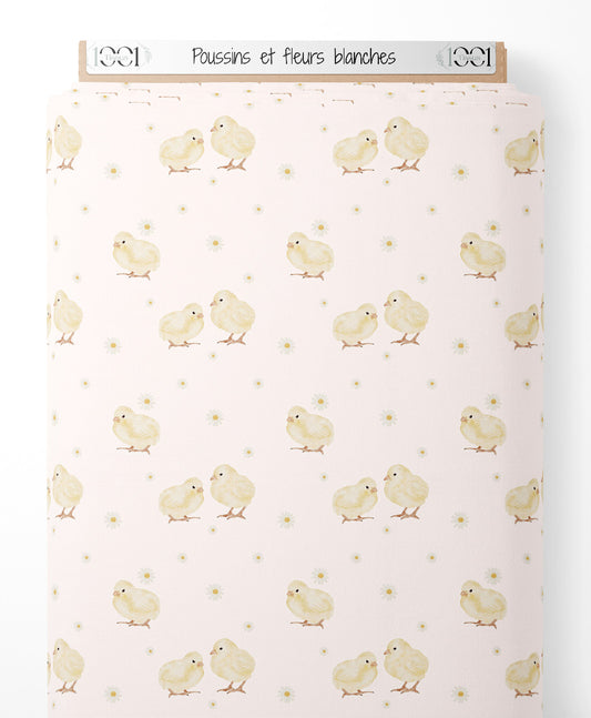 Tissu - Poussins et fleurs blanches