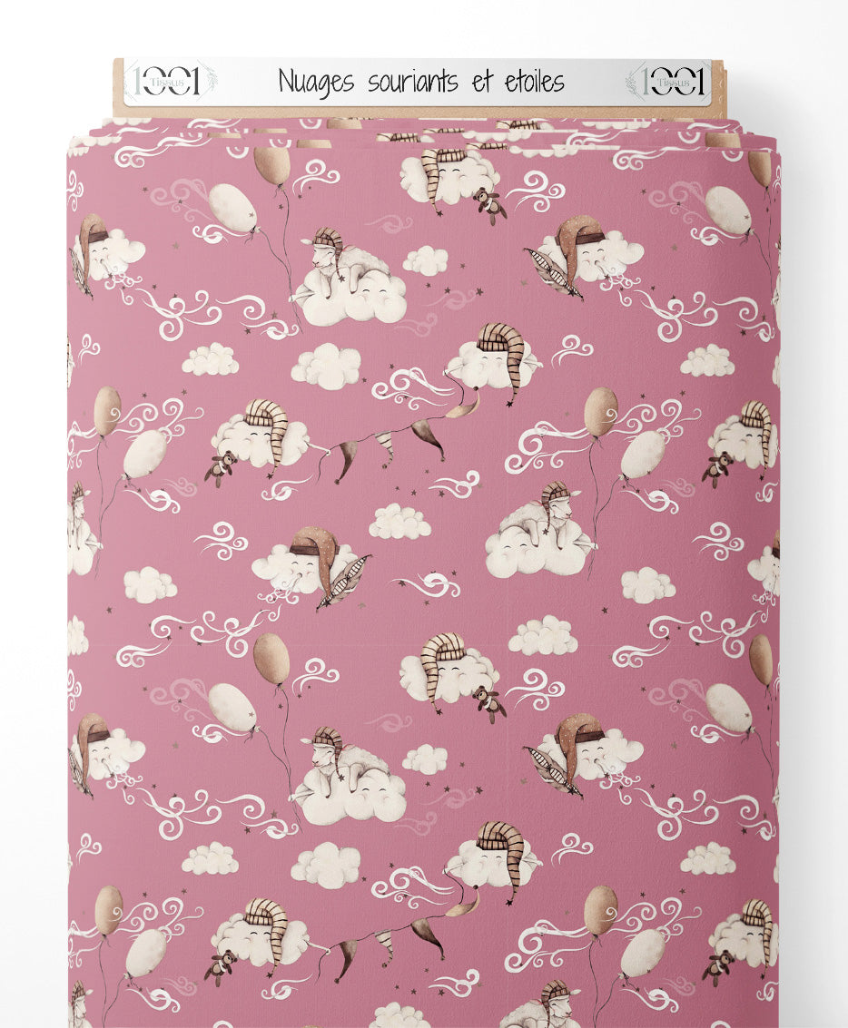 Tissu - Nuages souriants et étoiles