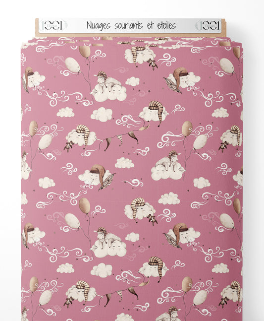 Tissu - Nuages souriants et étoiles