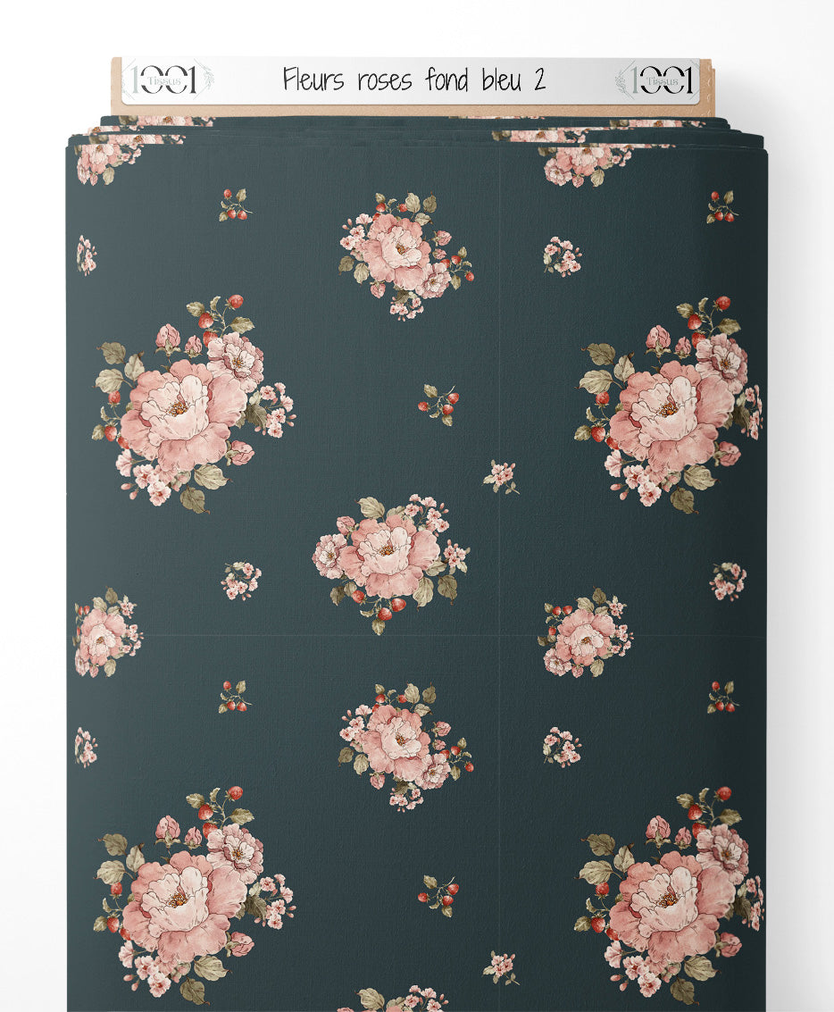 Tissu - Fleurs roses sur fond bleu 2
