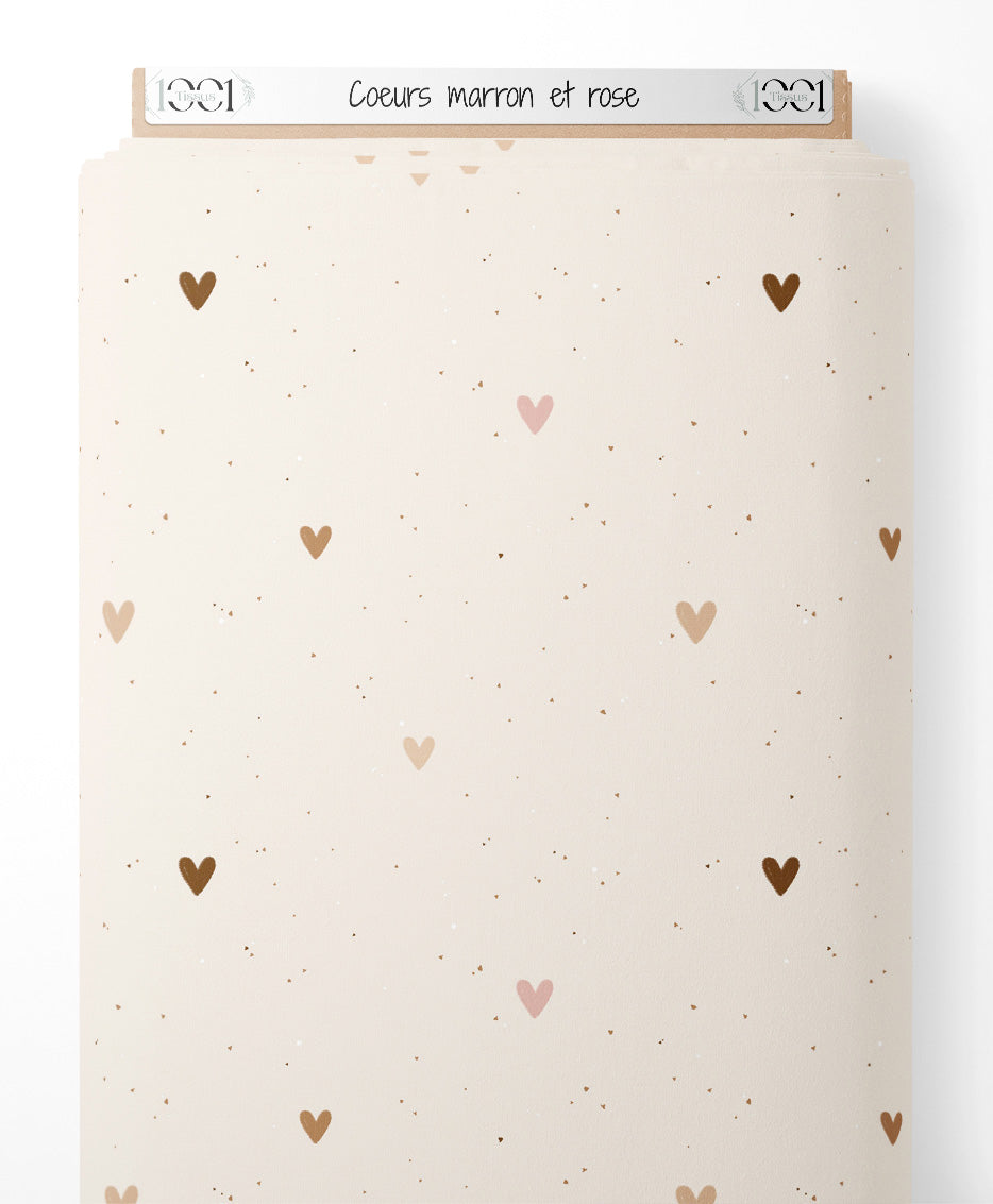Tissu - Cœurs marron et rose
