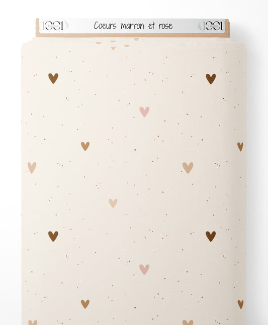 Tissu - Cœurs marron et rose