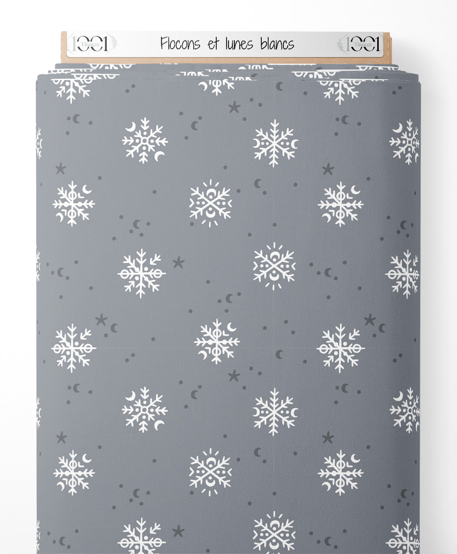 Tissu - Flocons et lunes blancs