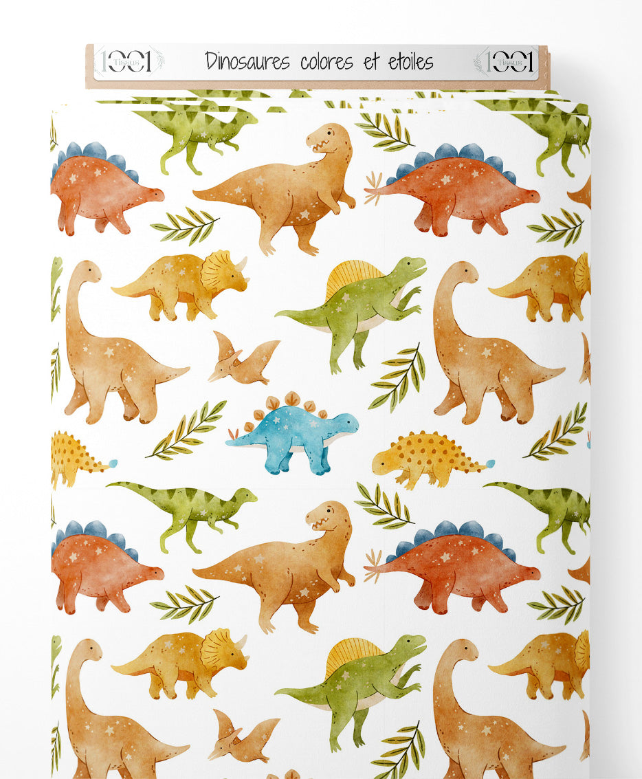 Tissu - Dinosaures colorés et étoiles