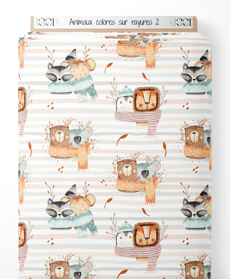 Tissu - Animaux colorés sur rayures 2