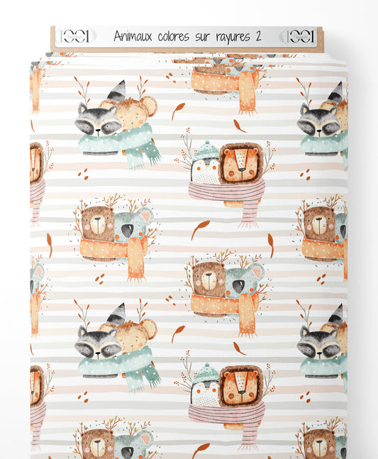 Tissu - Animaux colorés sur rayures 2