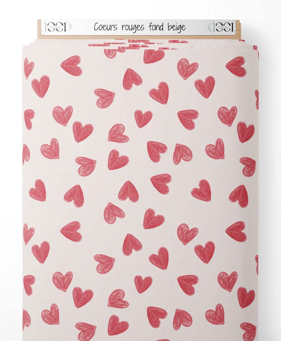 Tissu - Cœurs rouges sur fond beige