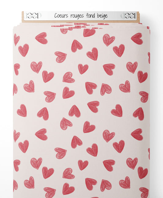 Tissu - Cœurs rouges sur fond beige