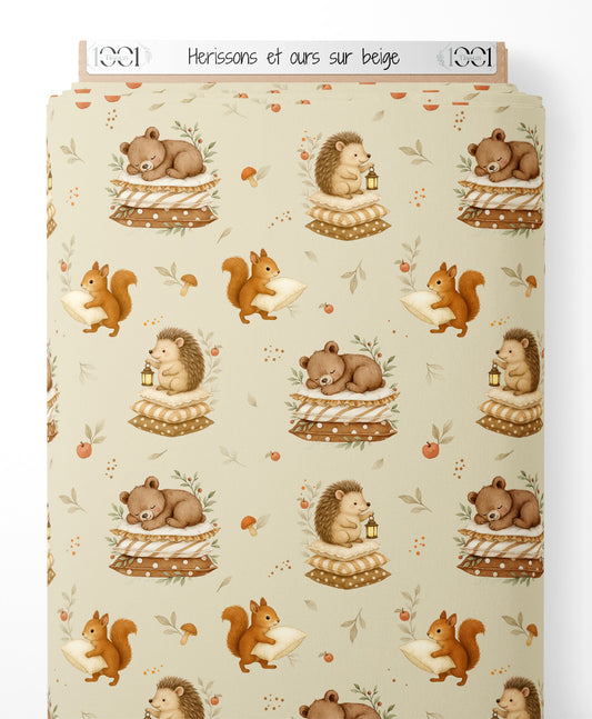 Tissu - Hérissons et ours sur beige