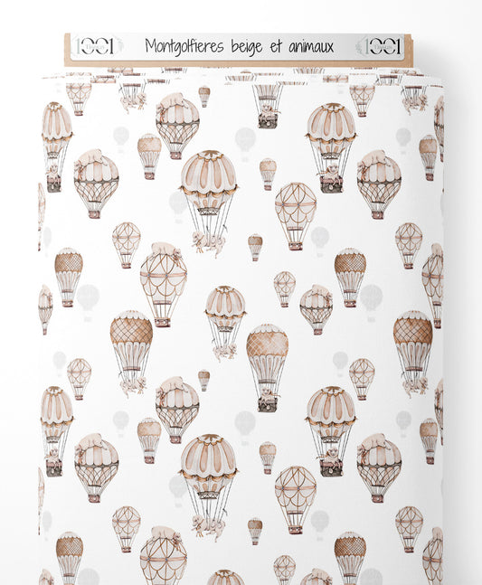 Tissu - Montgolfières beige et animaux