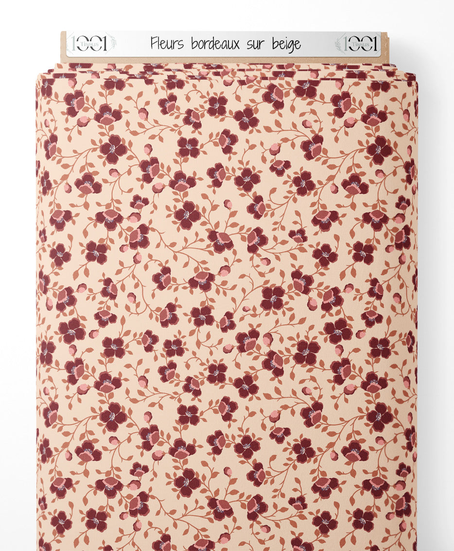 Tissu - Fleurs bordeaux sur beige